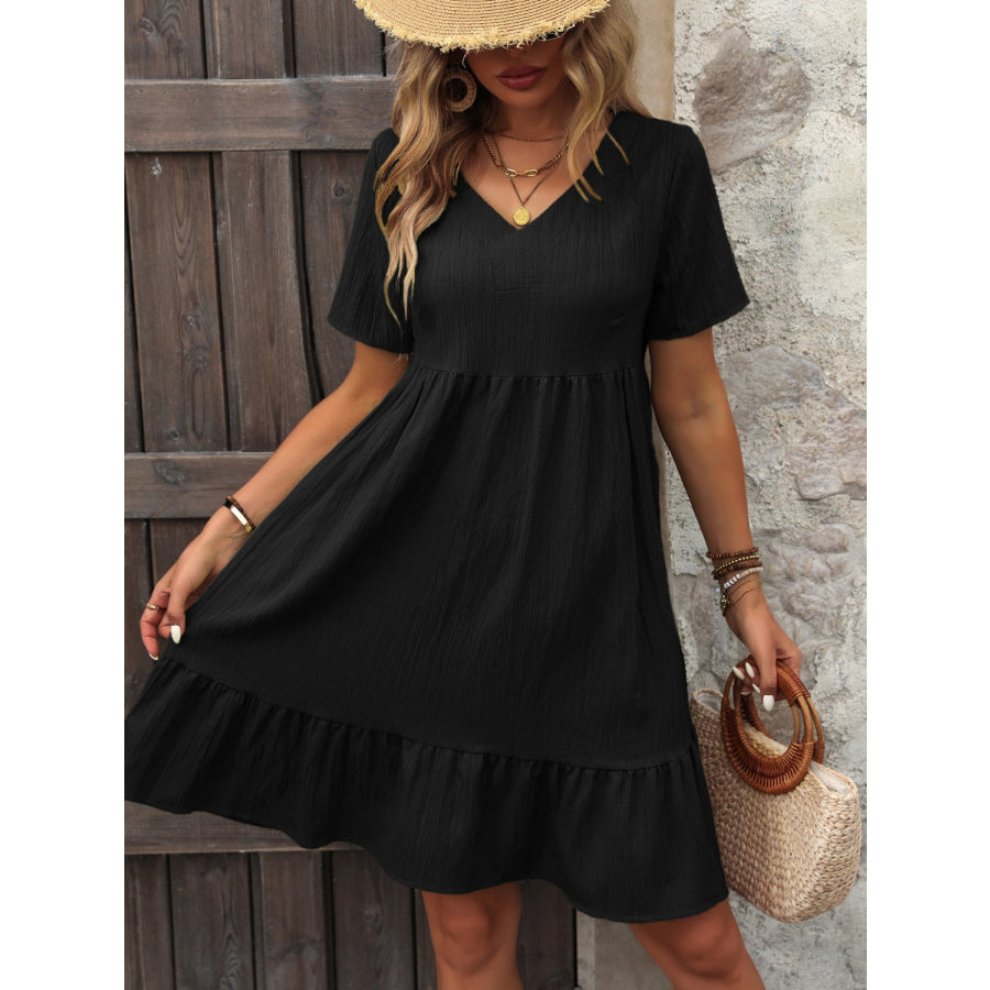 V - Neck Short Sleeve Mini Dress Black / S Apparel and Accessories