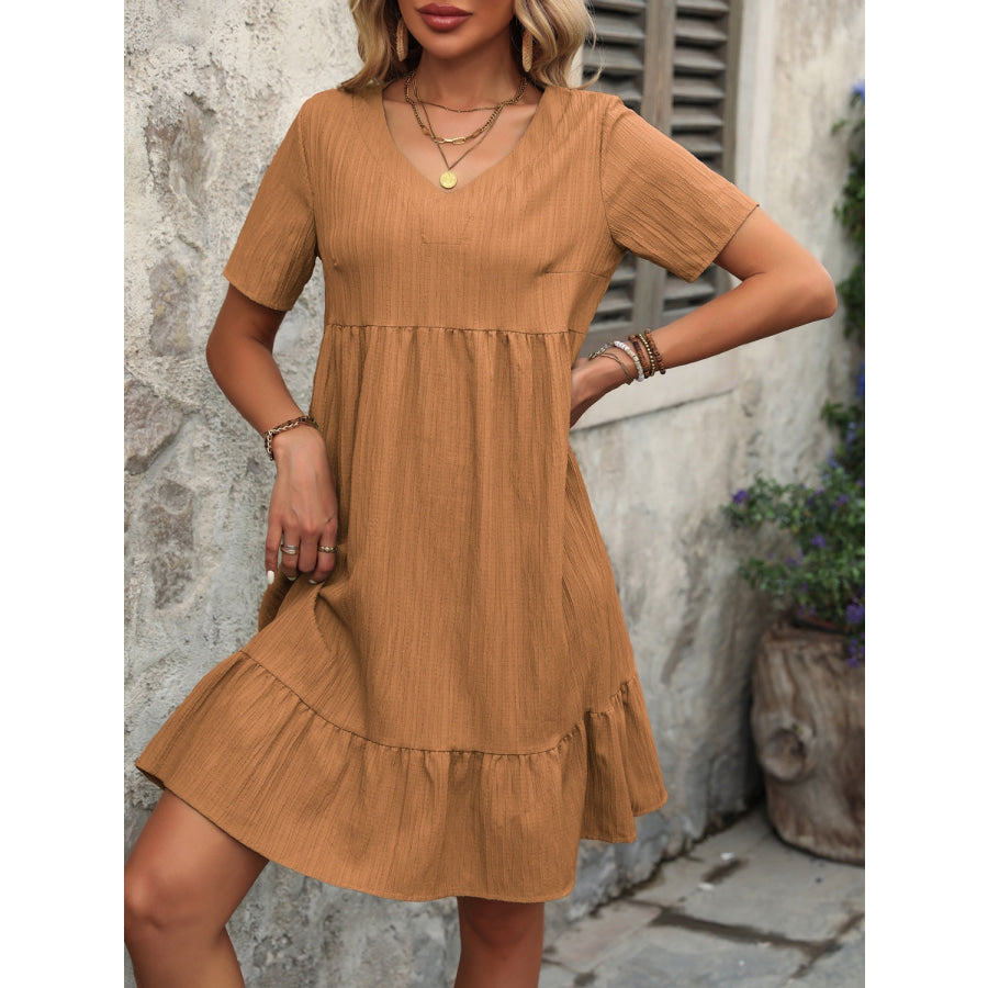 V - Neck Short Sleeve Mini Dress Camel / S Apparel and Accessories