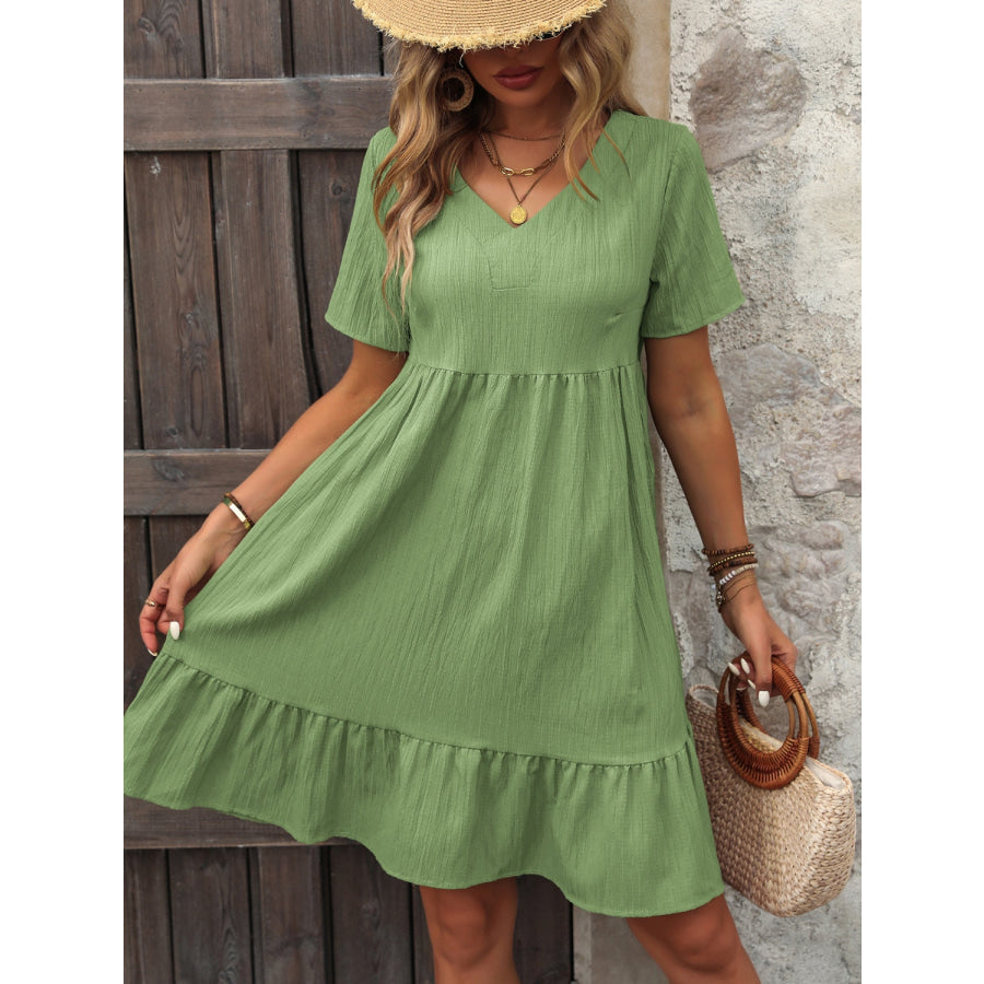V - Neck Short Sleeve Mini Dress Matcha Green / S Apparel and Accessories