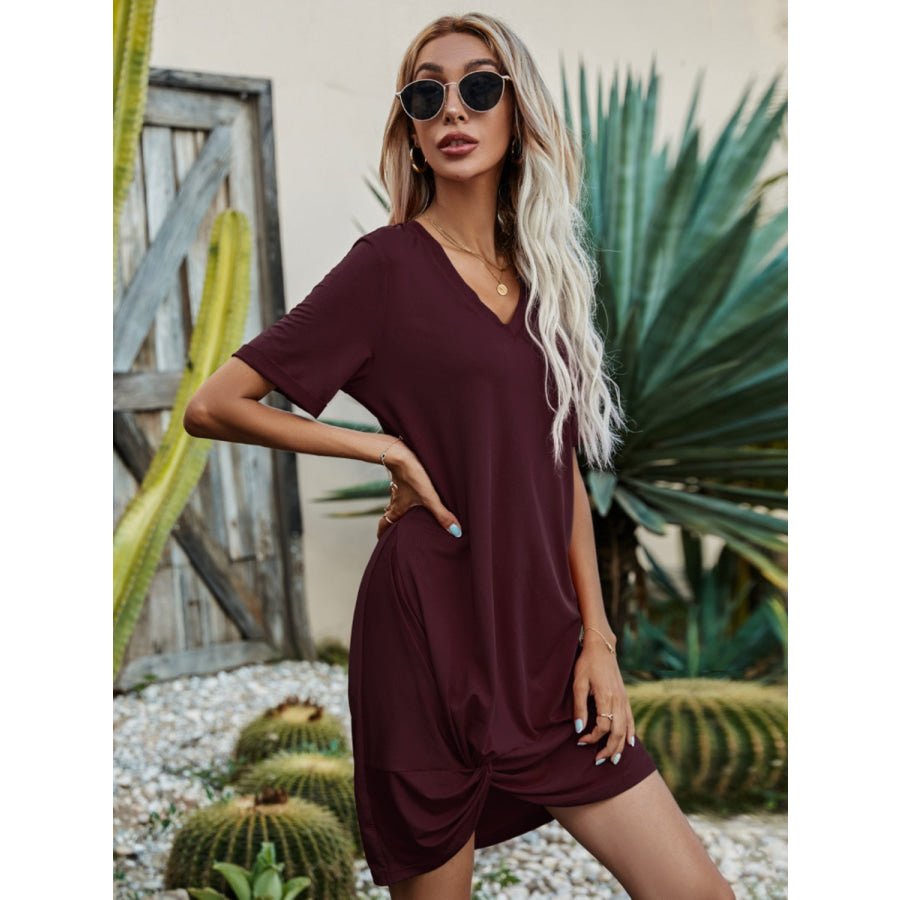 V - Neck Short Sleeve Mini Dress Wine / S Apparel and Accessories