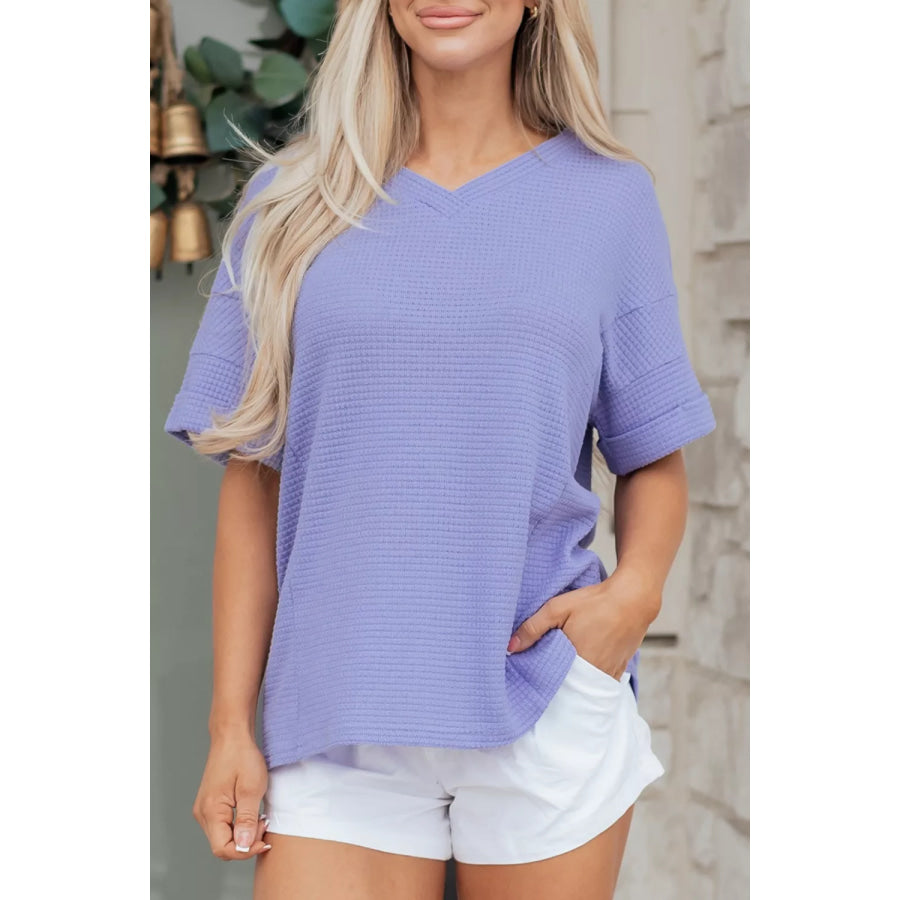 V Neck Short Sleeve Plus Size Waffle Knit Top Apparel and Accessories