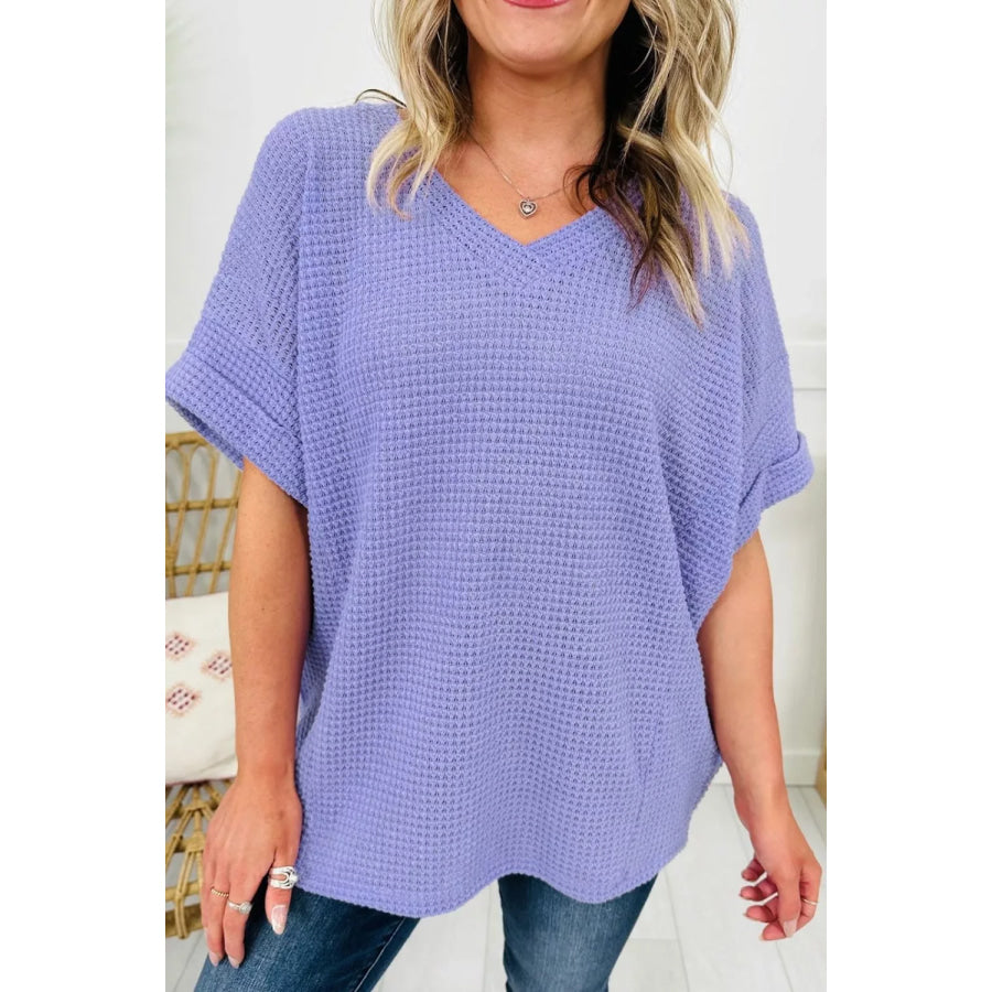 V Neck Short Sleeve Plus Size Waffle Knit Top Apparel and Accessories