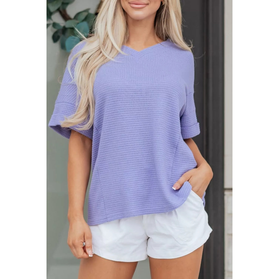 V Neck Short Sleeve Plus Size Waffle Knit Top Blue Purple / S Apparel and Accessories