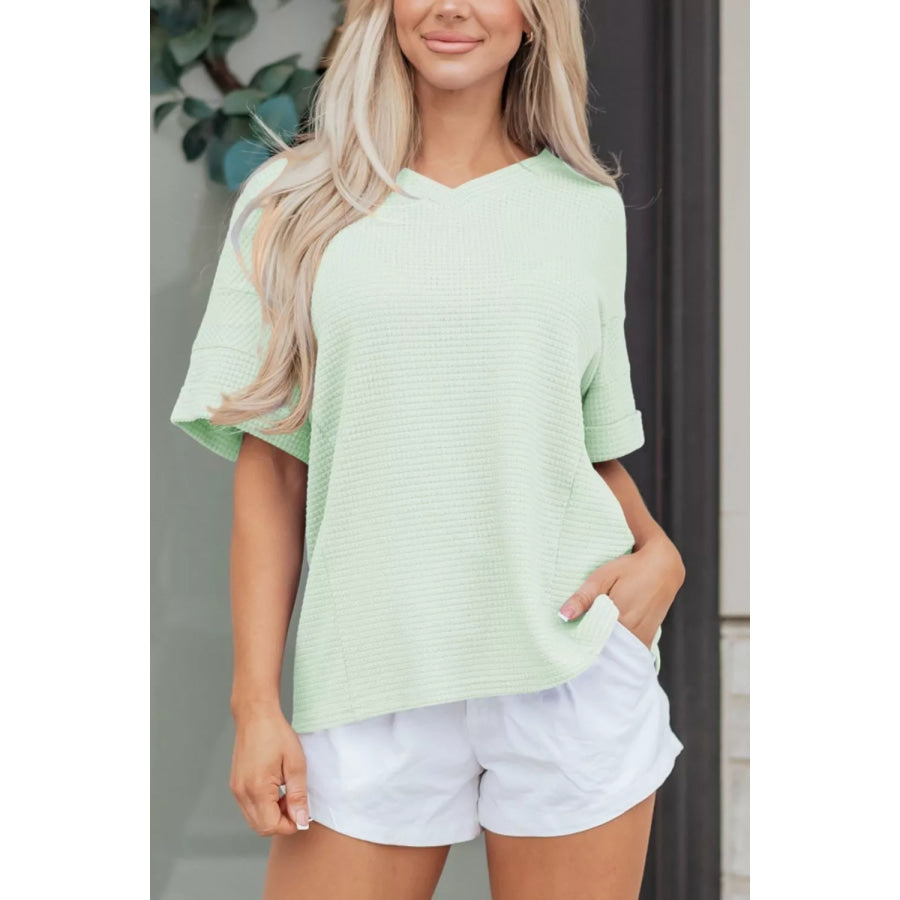 V Neck Short Sleeve Plus Size Waffle Knit Top Light Green / S Apparel and Accessories