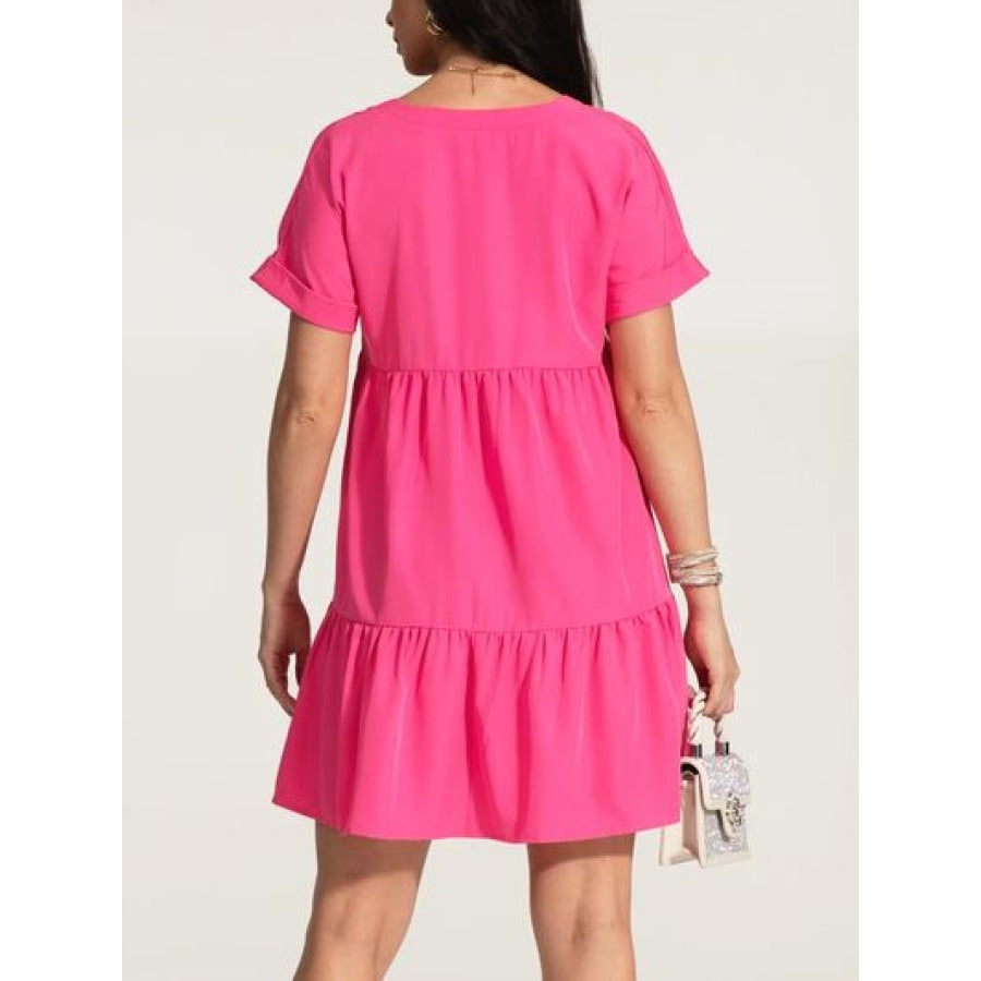 V-Neck Short Sleeve Ruffle Hem Dress Apparel and Accessories