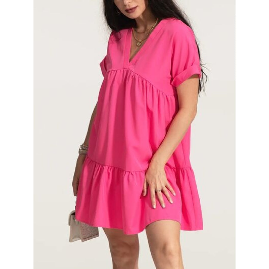 V-Neck Short Sleeve Ruffle Hem Dress Apparel and Accessories