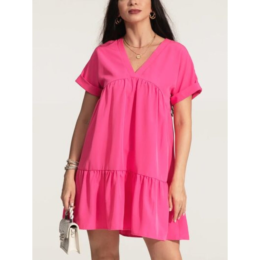 V-Neck Short Sleeve Ruffle Hem Dress Hot Pink / S Apparel and Accessories