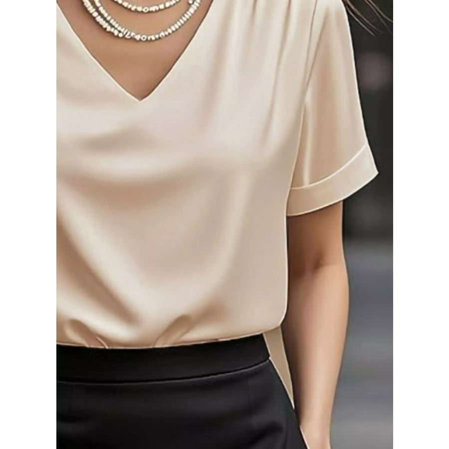 V-Neck Short Sleeve Satin Blouse Apparel and Accessories