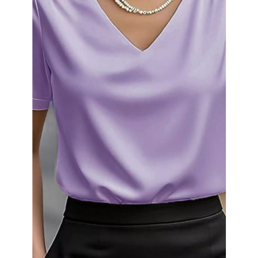 V-Neck Short Sleeve Satin Blouse Apparel and Accessories