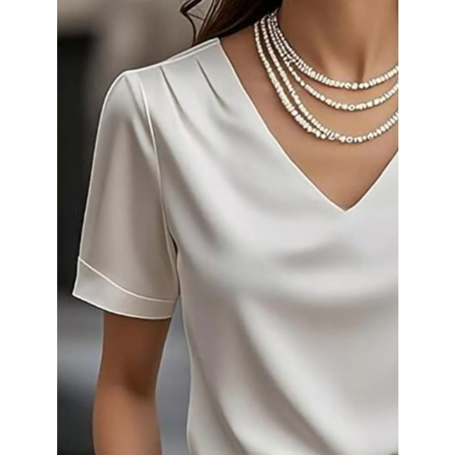 V-Neck Short Sleeve Satin Blouse Apparel and Accessories
