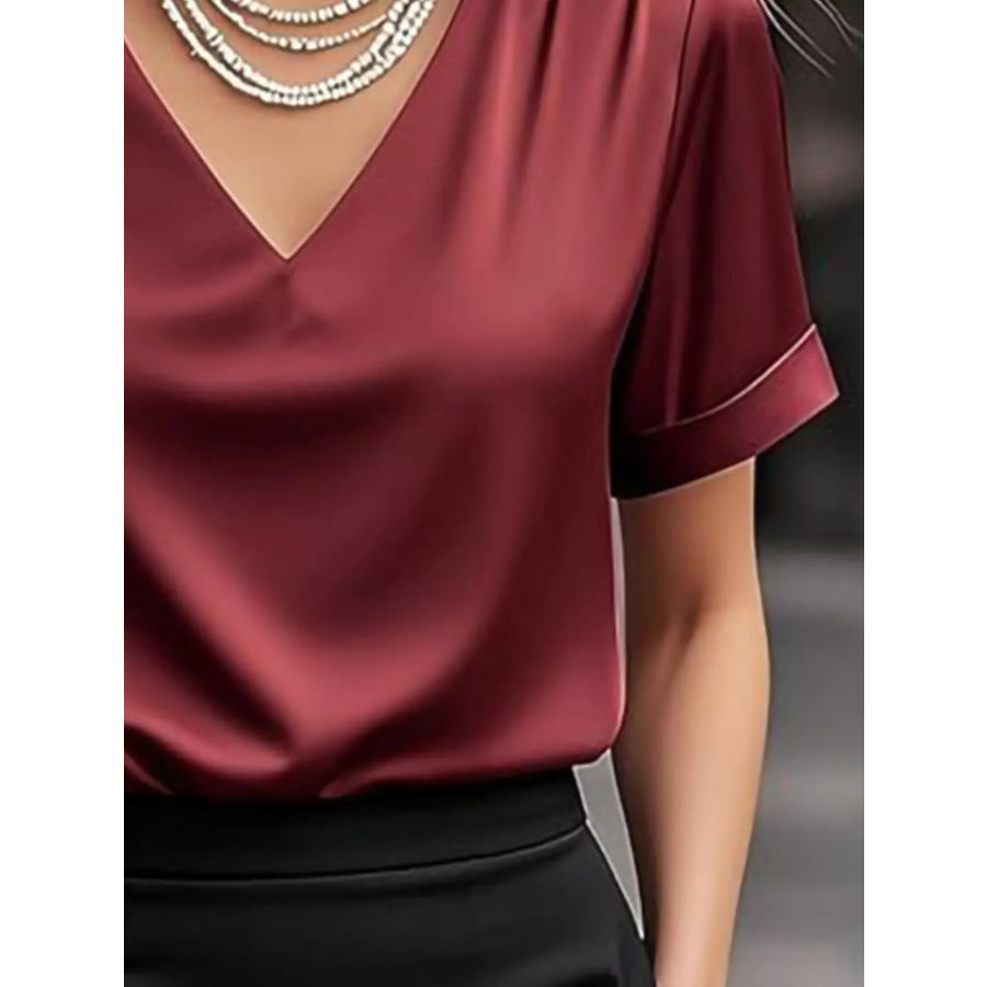 V-Neck Short Sleeve Satin Blouse Apparel and Accessories