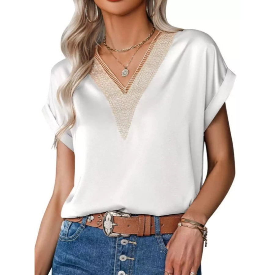 V-Neck Short Sleeve Satin Top White / S Apparel and Accessories