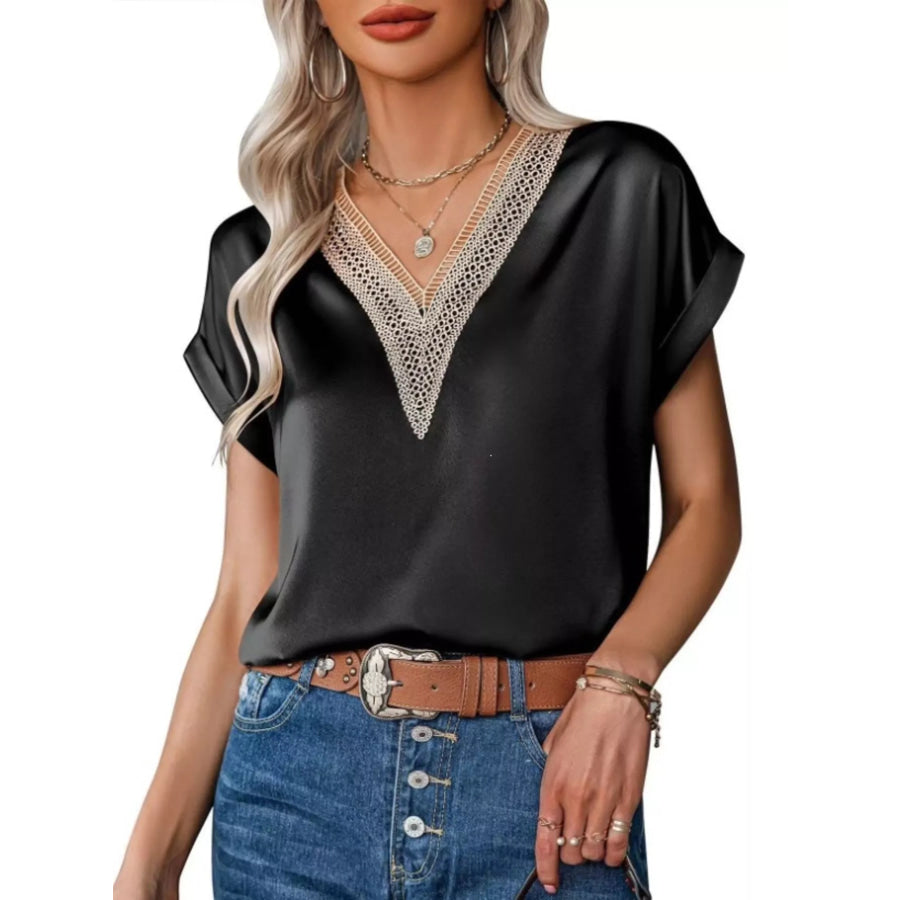 V-Neck Short Sleeve Satin Top Black / S Apparel and Accessories