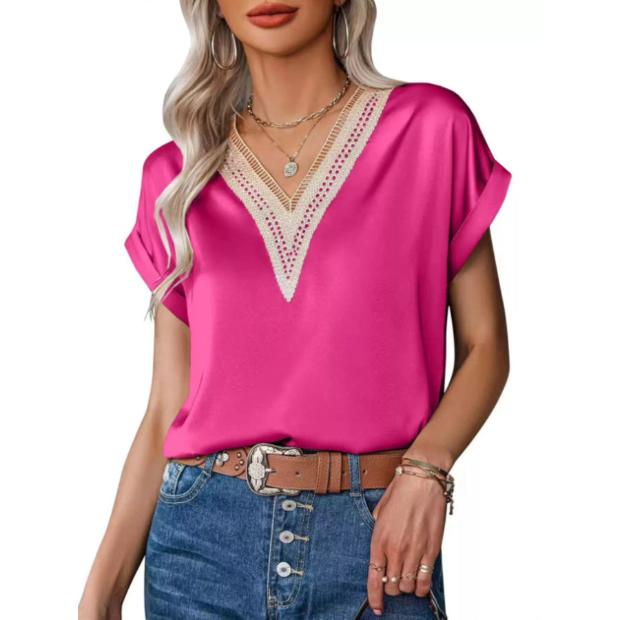V-Neck Short Sleeve Satin Top Rose Red / S Apparel and Accessories
