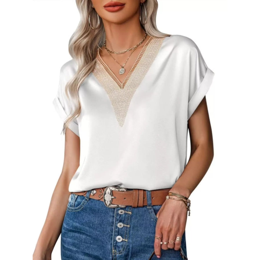 V-Neck Short Sleeve Satin Top White / S Apparel and Accessories