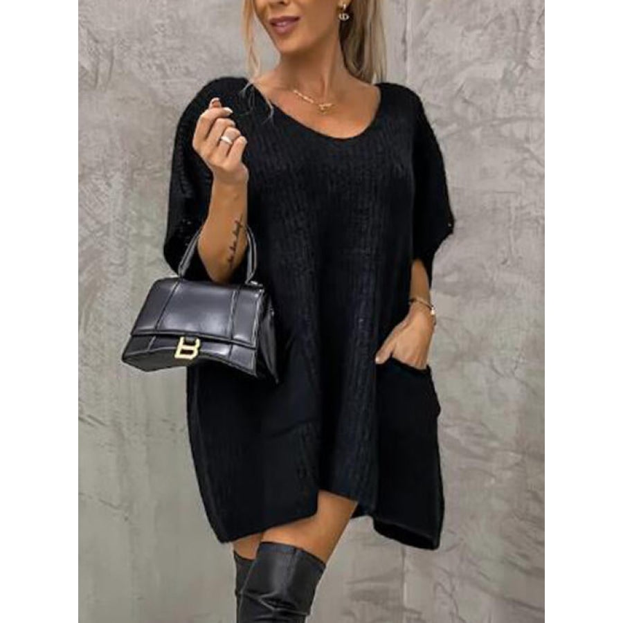 V-Neck Short Sleeve Sweater with Pockets Black / S/M