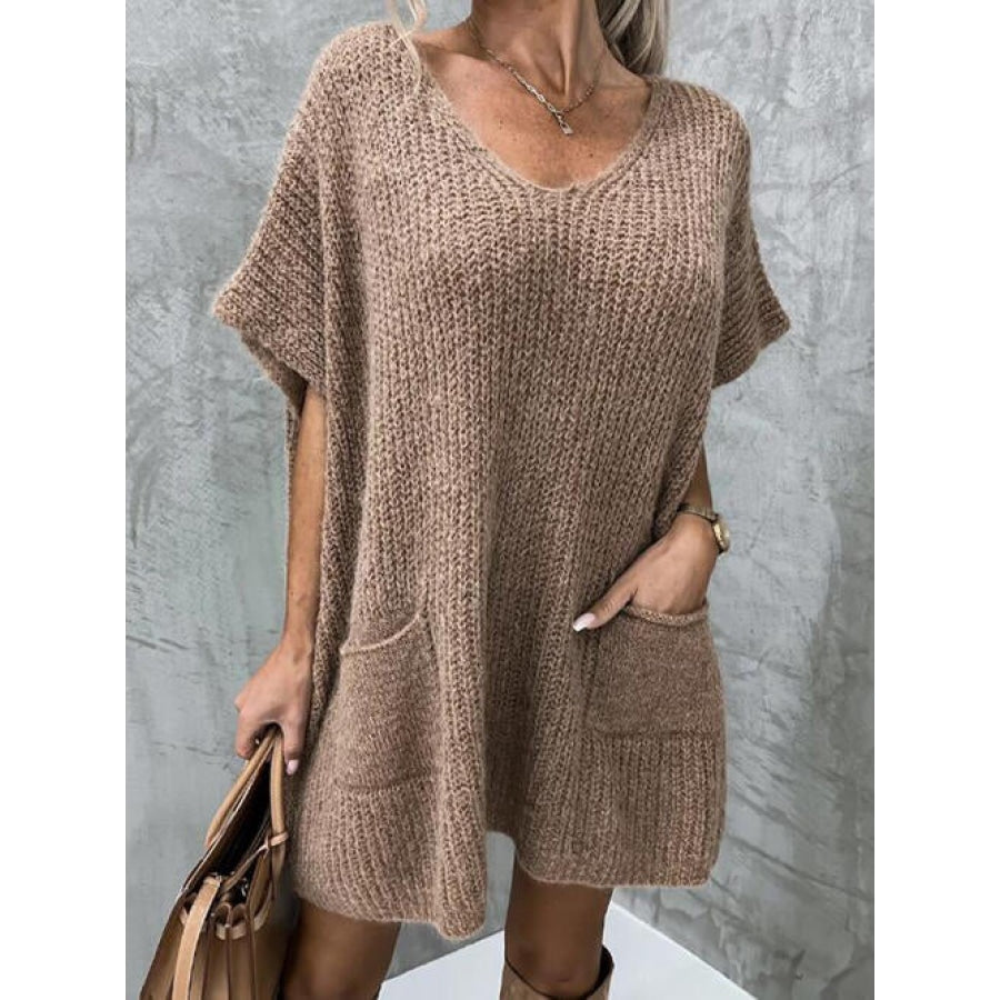 V-Neck Short Sleeve Sweater with Pockets Taupe / S/M