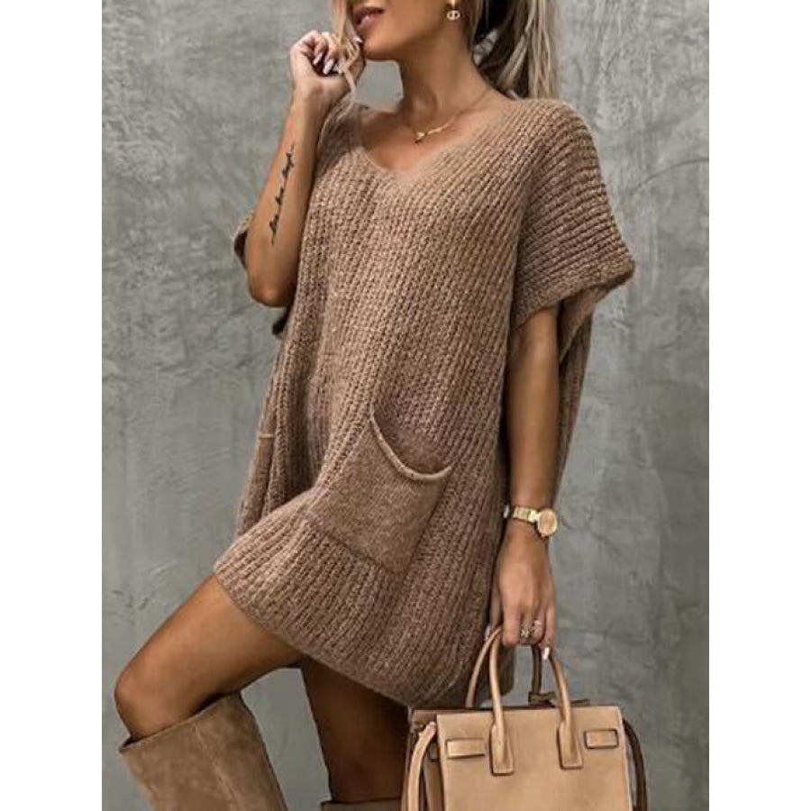 V-Neck Short Sleeve Sweater with Pockets