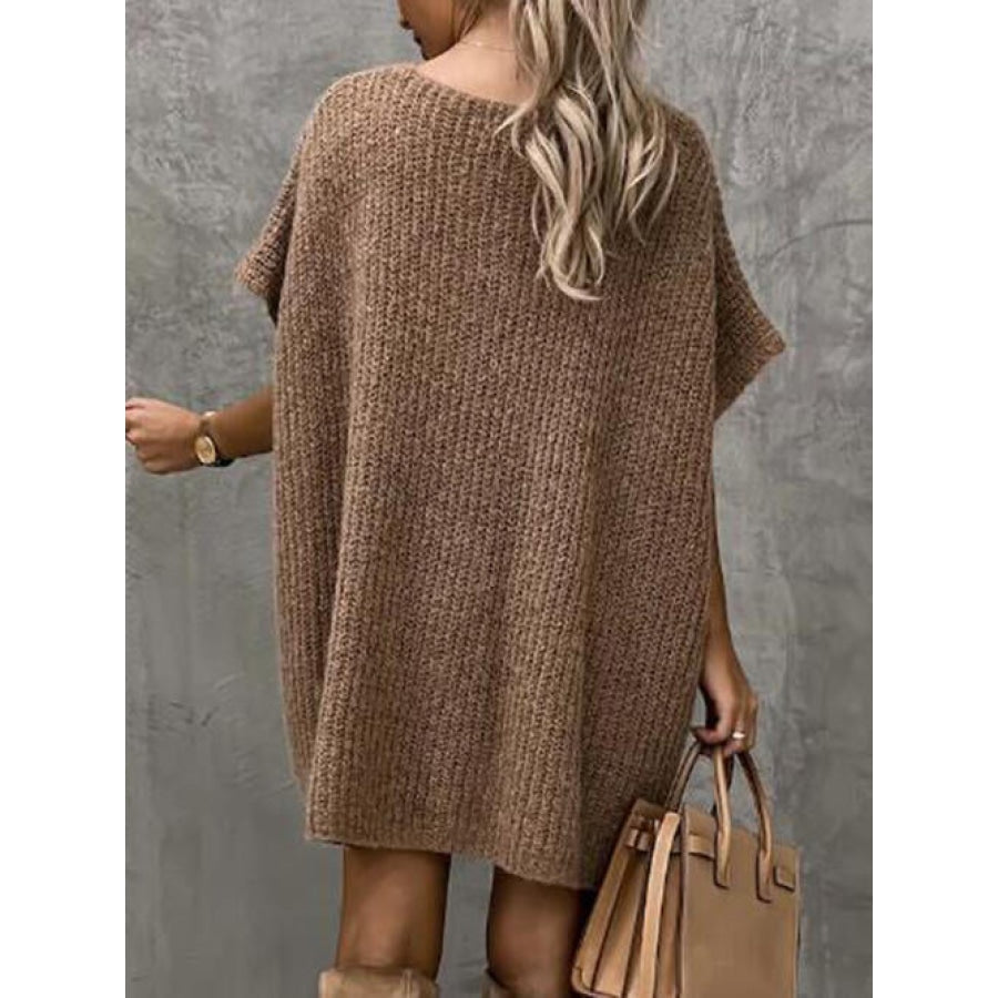 V-Neck Short Sleeve Sweater with Pockets Taupe / S/M