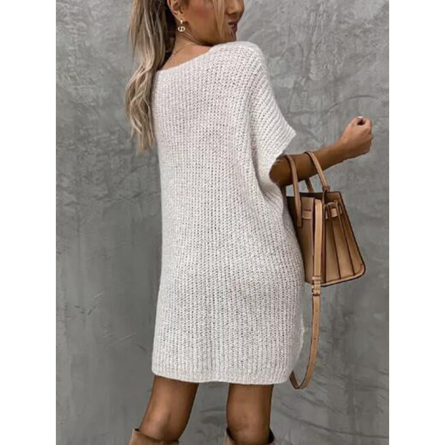 V-Neck Short Sleeve Sweater with Pockets