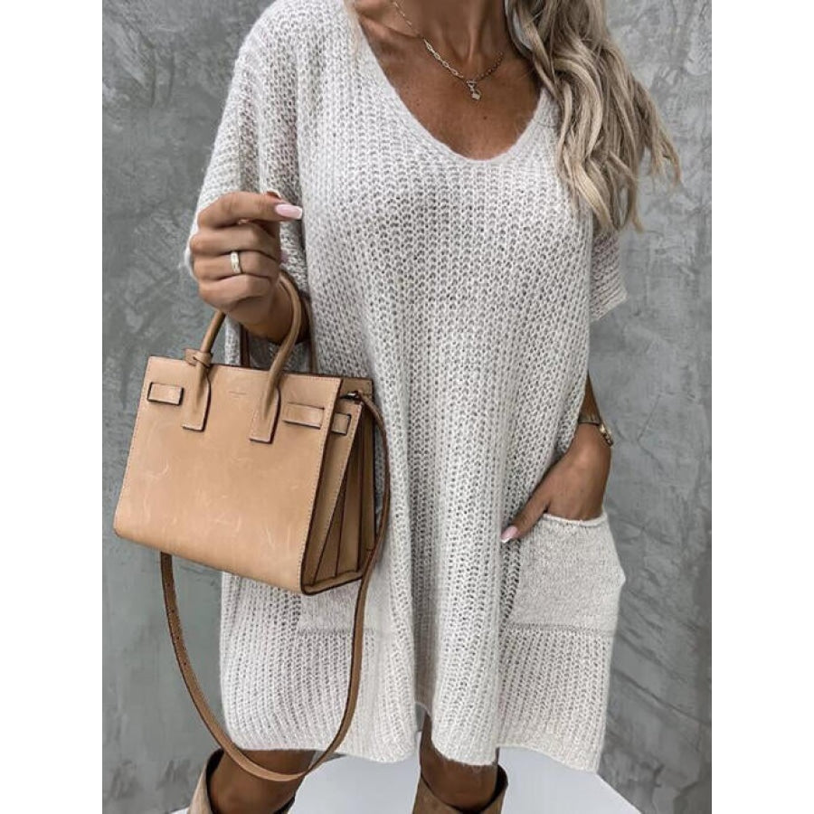 V-Neck Short Sleeve Sweater with Pockets