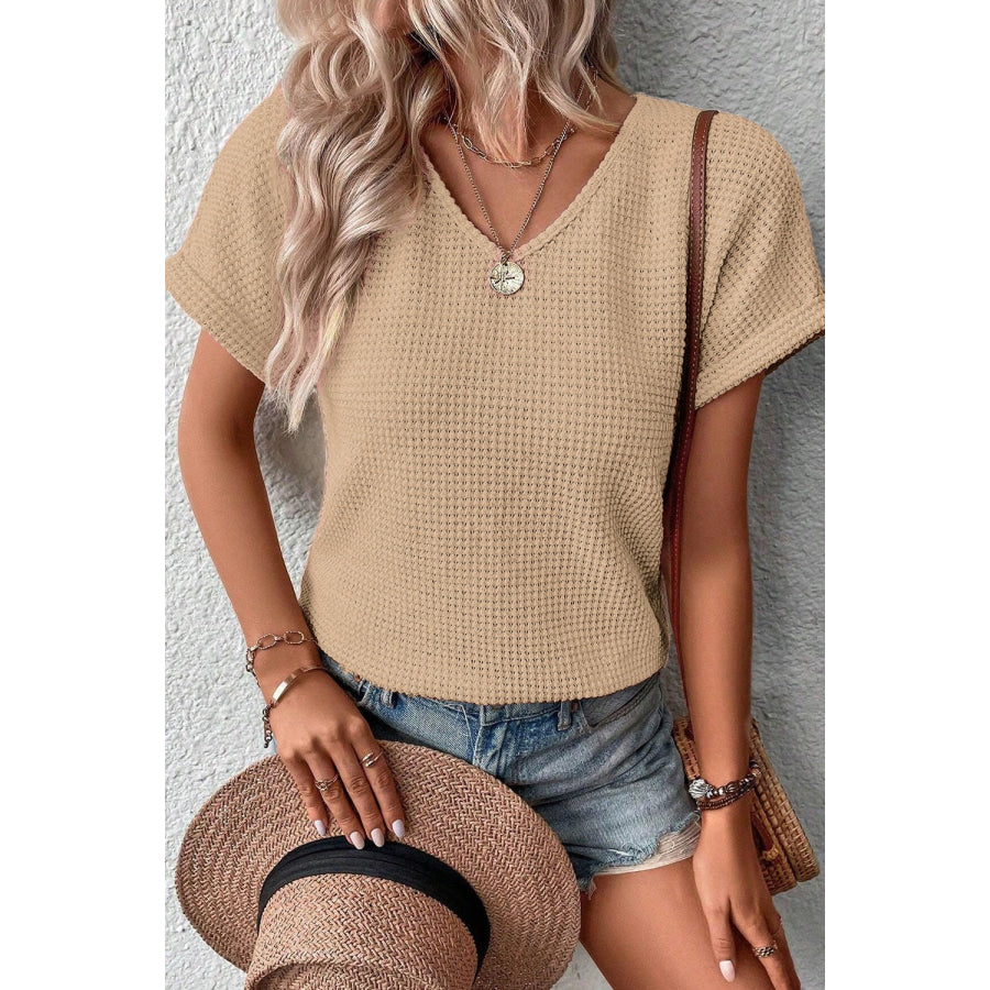 V-Neck Short Sleeve T-Shirt Tan / S Apparel and Accessories