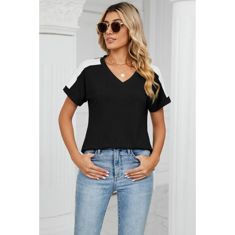 V-Neck Short Sleeve T-Shirt Black Pinyin / S Apparel and Accessories