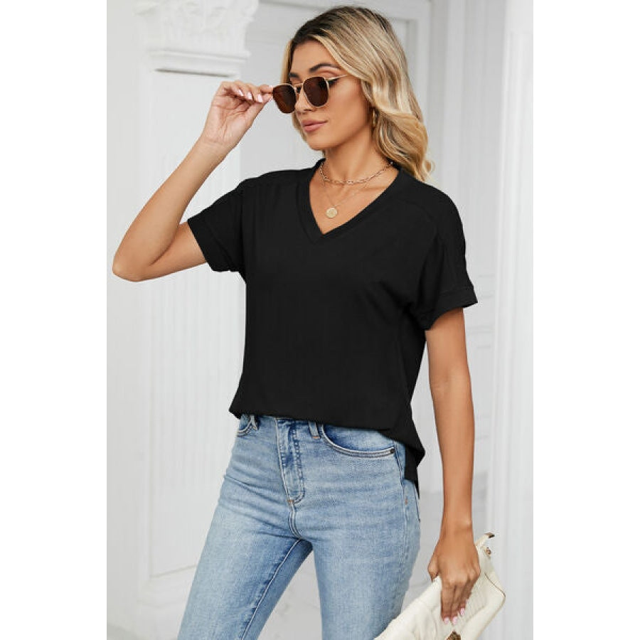 V-Neck Short Sleeve T-Shirt Black / S Apparel and Accessories