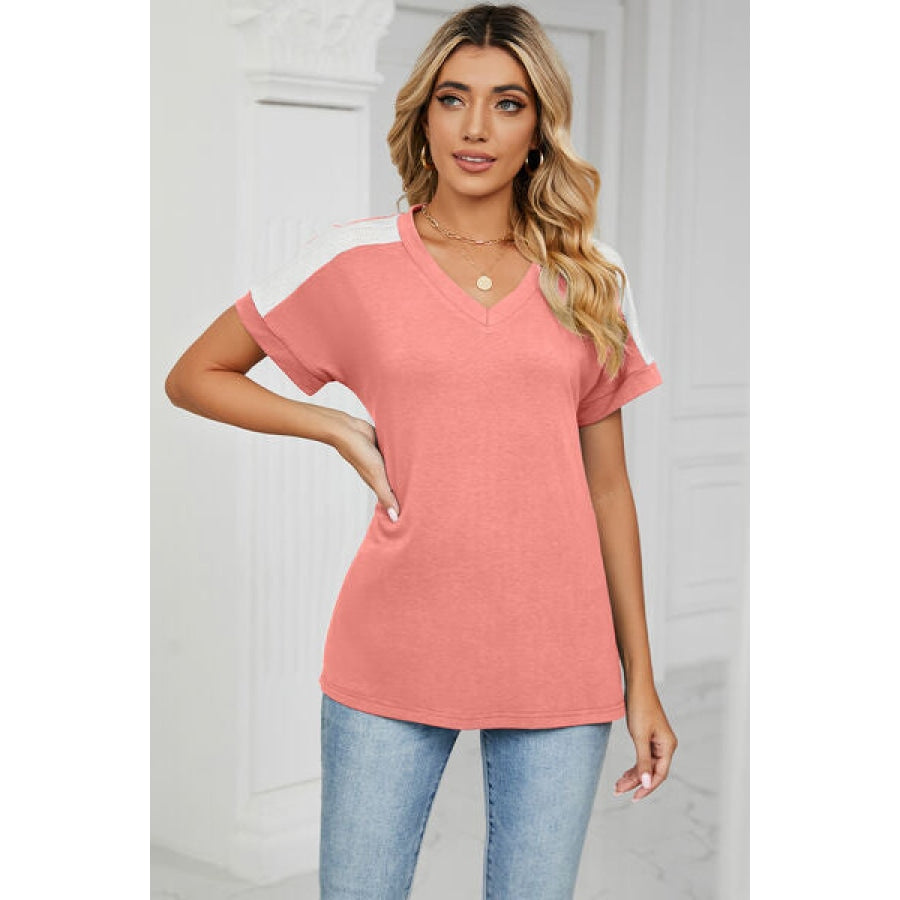 V-Neck Short Sleeve T-Shirt Coral / S Apparel and Accessories