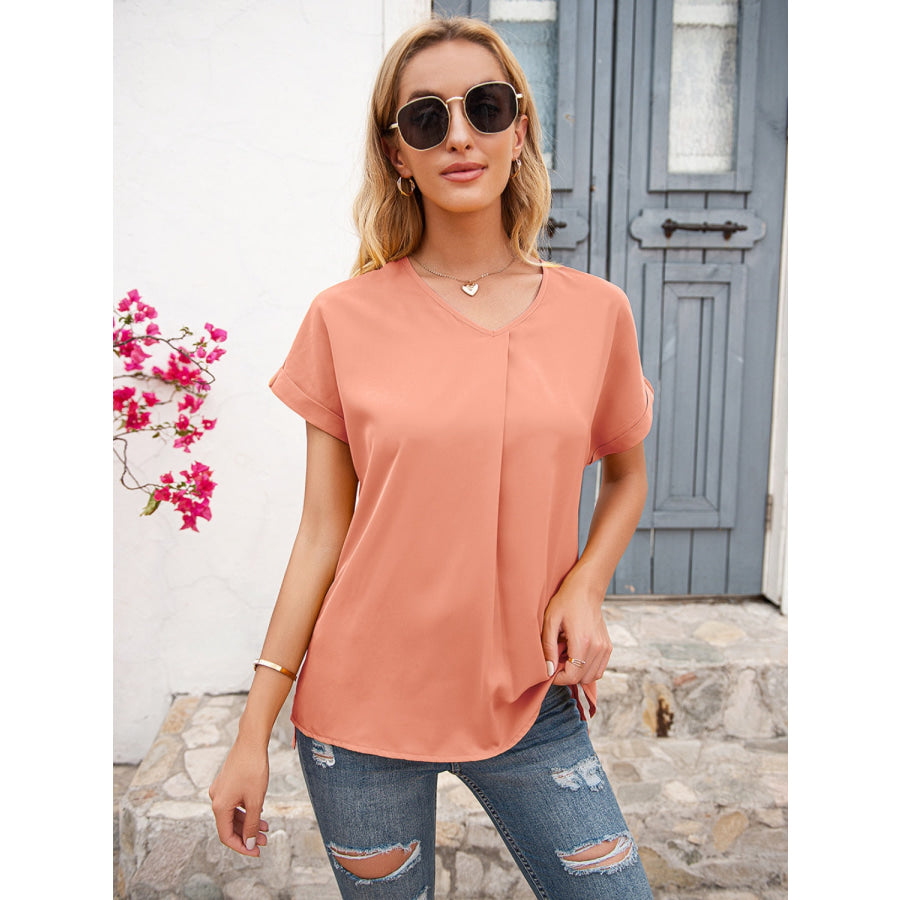 V-Neck Short Sleeve T-Shirt Coral / S Apparel and Accessories