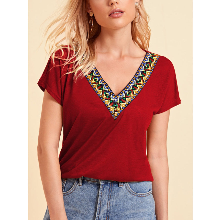 V - Neck Short Sleeve T - Shirt Deep Red / S