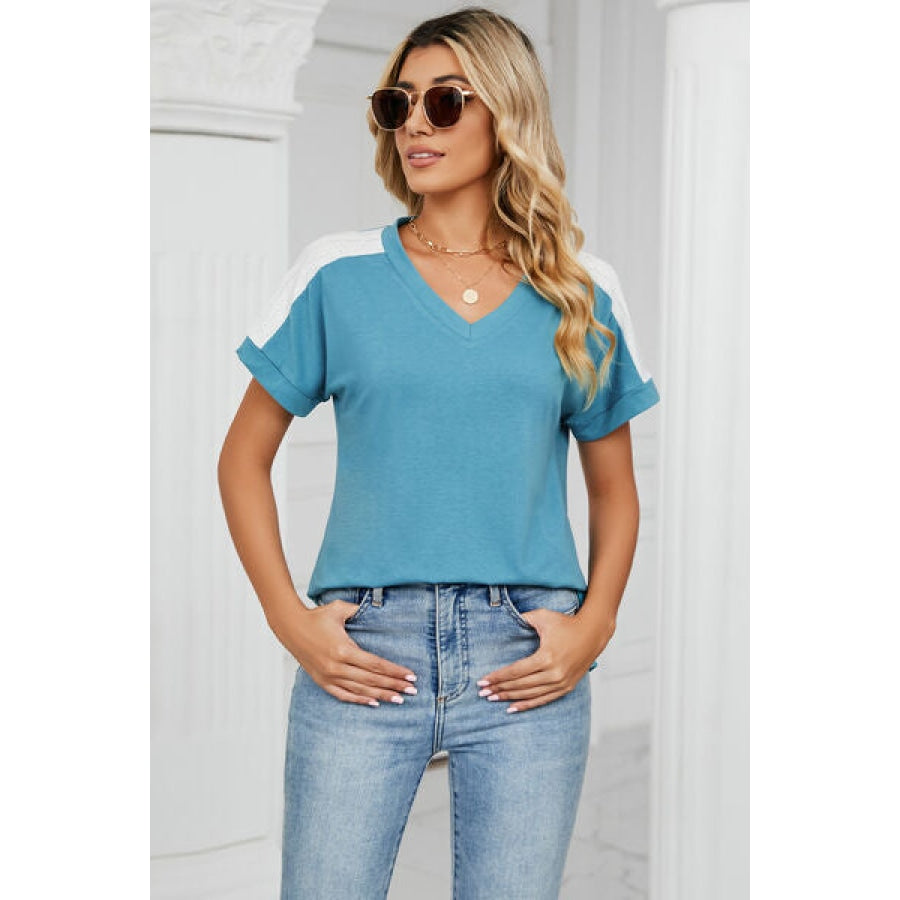 V-Neck Short Sleeve T-Shirt Sky Blue / S Apparel and Accessories