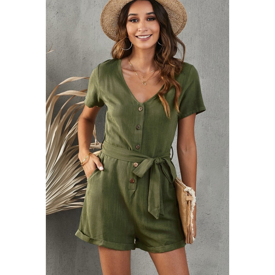 V-Neck Short Sleeve Tie Belt Romper with Pockets Army Green / S