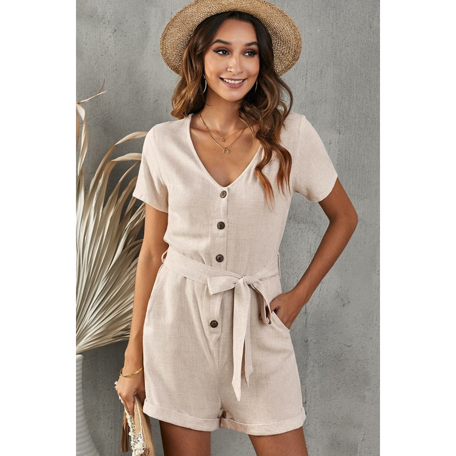 V-Neck Short Sleeve Tie Belt Romper with Pockets Dust Storm / S