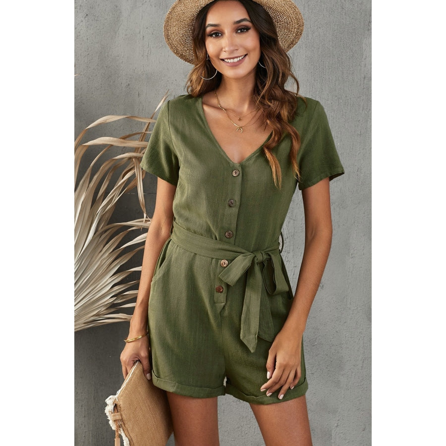 V-Neck Short Sleeve Tie Belt Romper with Pockets