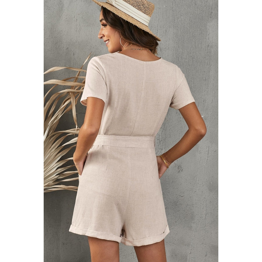 V-Neck Short Sleeve Tie Belt Romper with Pockets