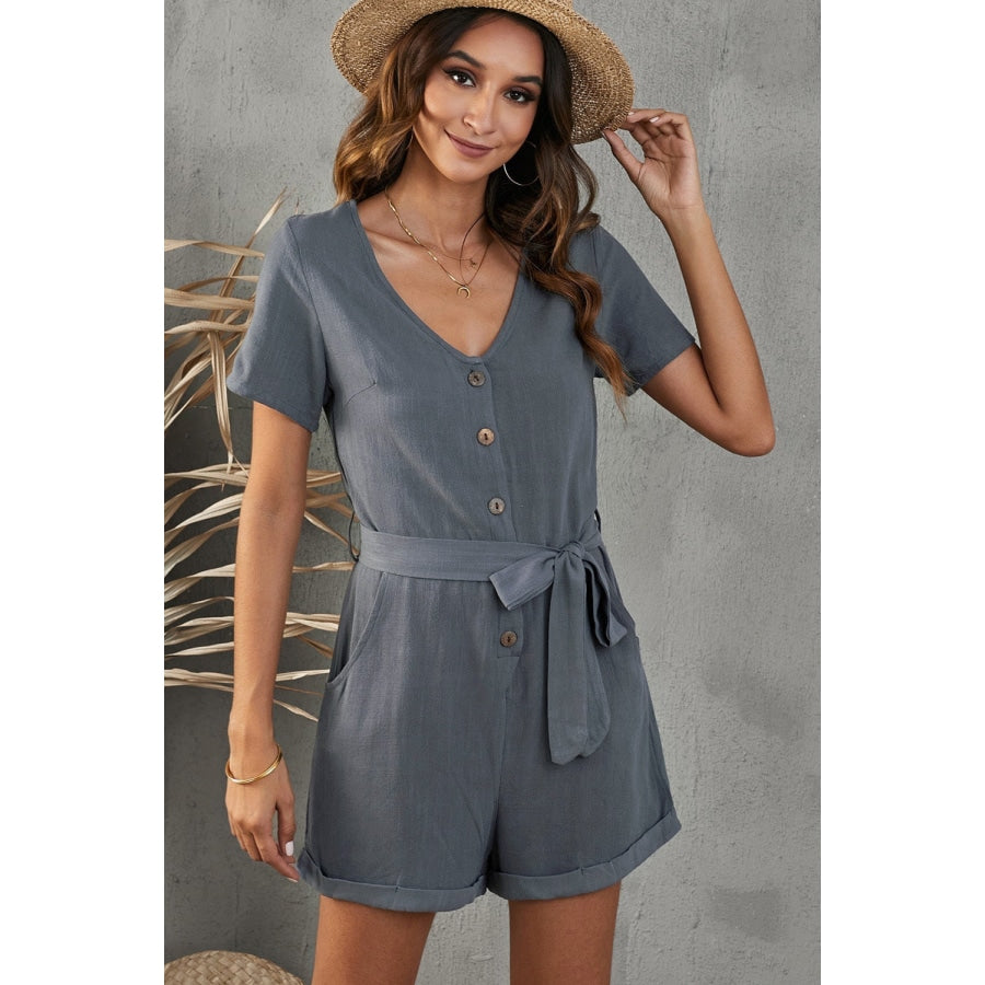 V-Neck Short Sleeve Tie Belt Romper with Pockets