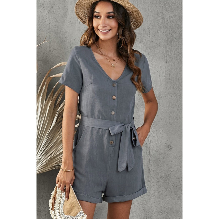 V-Neck Short Sleeve Tie Belt Romper with Pockets