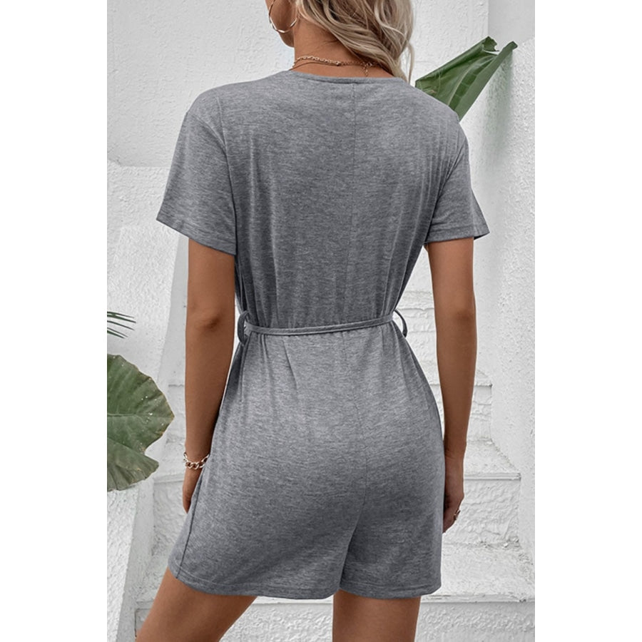 V-Neck Short Sleeve Tied Romper Gray Dawn / S