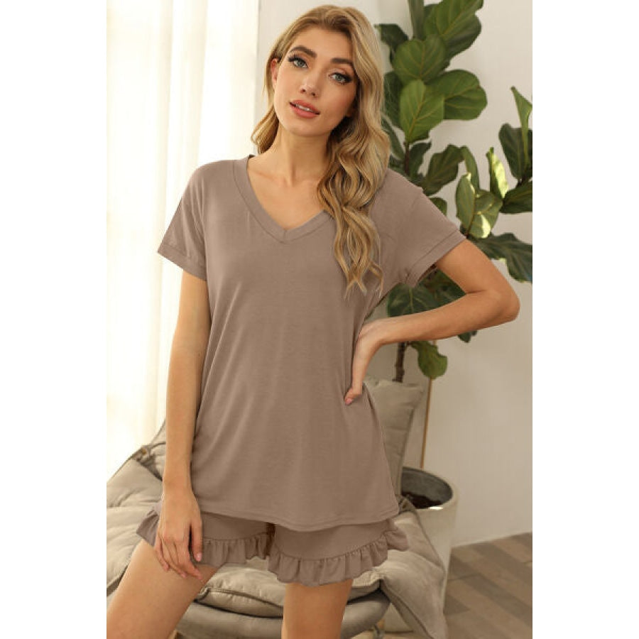 V-Neck Short Sleeve Top and Drawstring Shorts Lounge Set Khaki / S Clothing