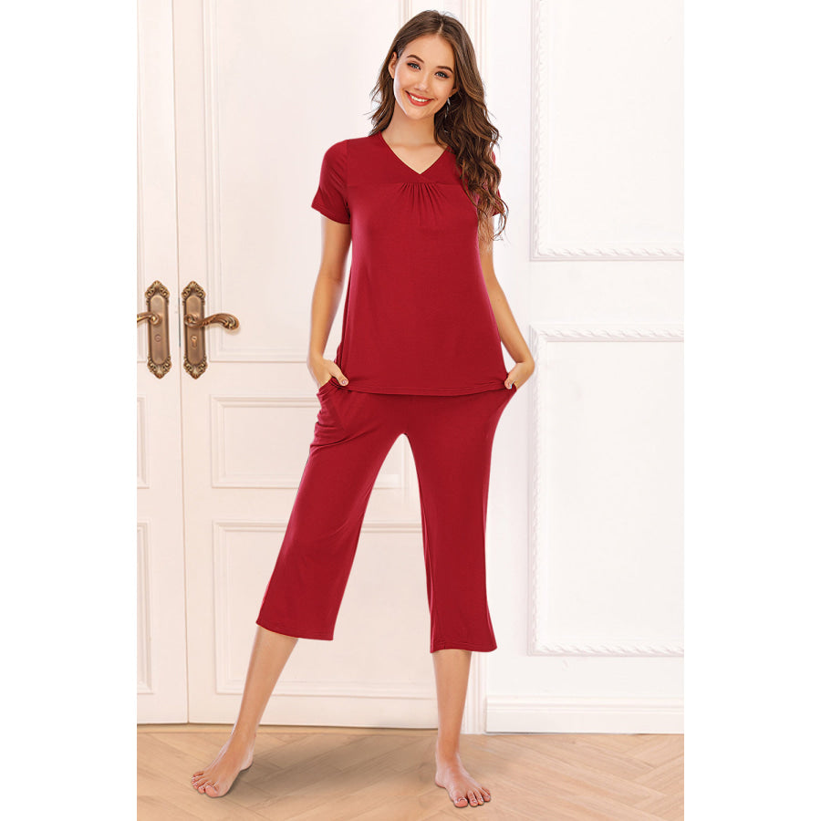 V - Neck Short Sleeve Top and Pants Lounge Set Apparel Accessories