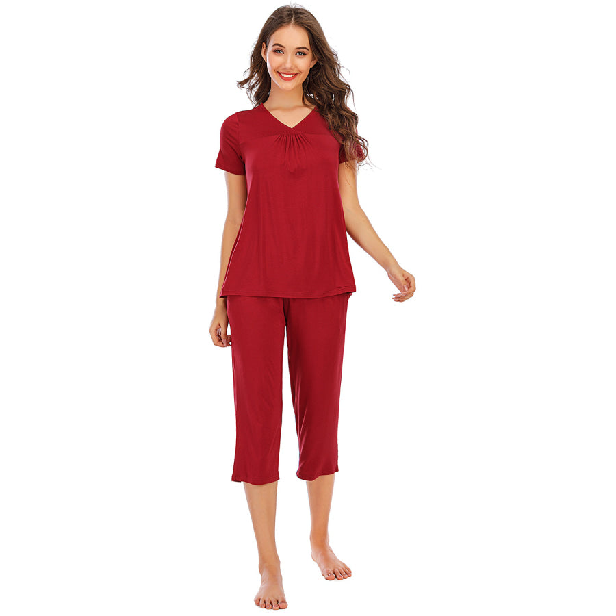 V - Neck Short Sleeve Top and Pants Lounge Set Apparel Accessories