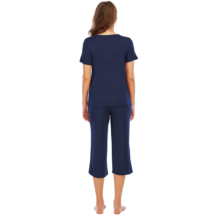 V - Neck Short Sleeve Top and Pants Lounge Set Navy / S Apparel Accessories