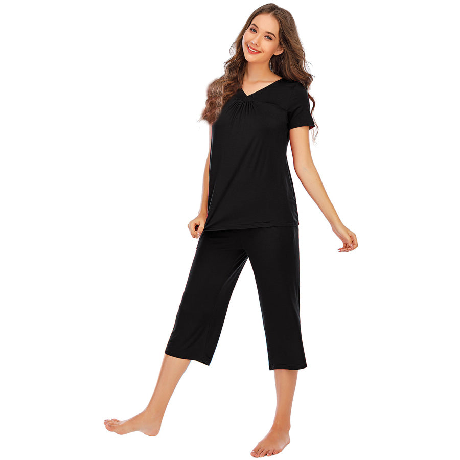 V - Neck Short Sleeve Top and Pants Lounge Set Apparel Accessories