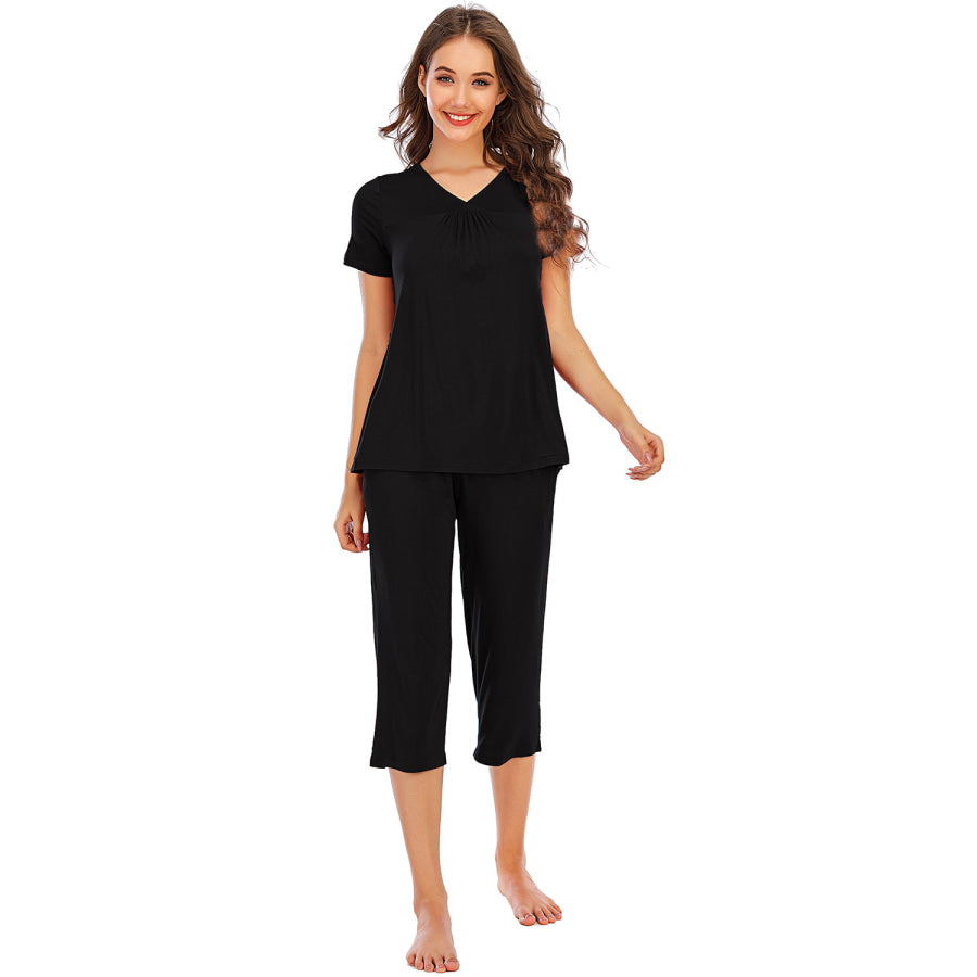 V - Neck Short Sleeve Top and Pants Lounge Set Black / S Apparel Accessories