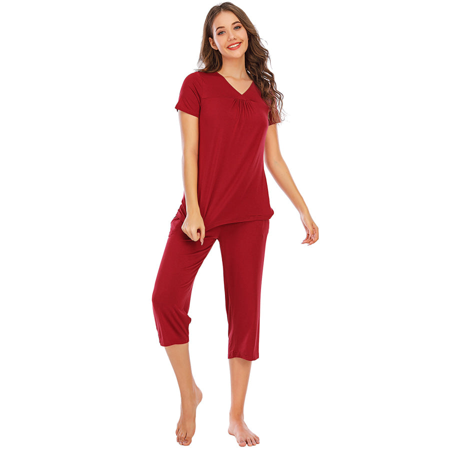 V - Neck Short Sleeve Top and Pants Lounge Set Scarlet / S Apparel Accessories