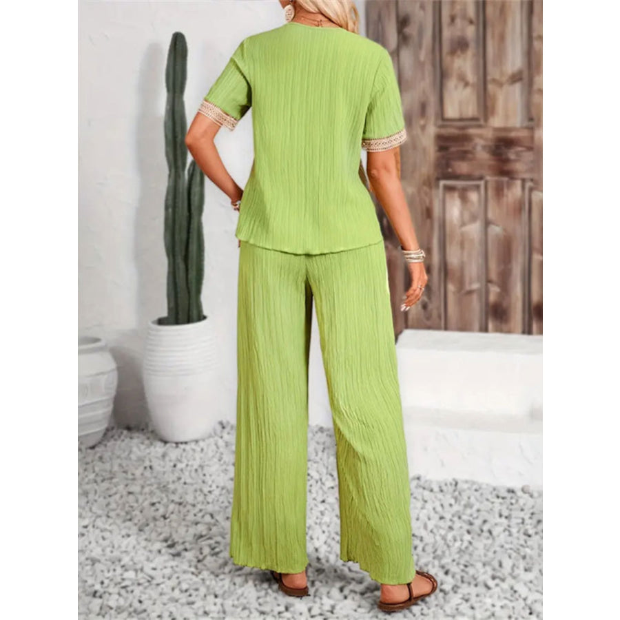 V-Neck Short Sleeve Top and Pants Set Lime / S Apparel and Accessories