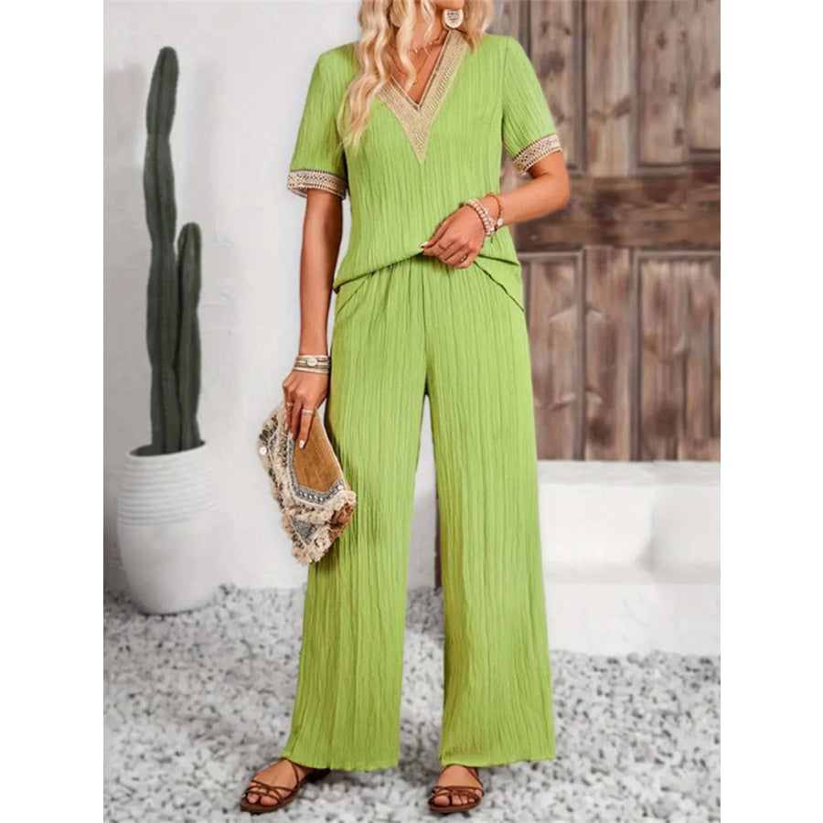 V-Neck Short Sleeve Top and Pants Set Lime / S Apparel and Accessories