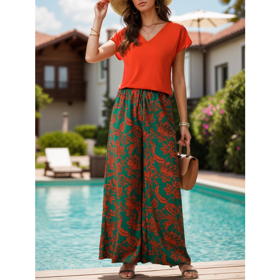 V-Neck Short Sleeve Top and Printed Pants Set Orange / S Apparel and Accessories