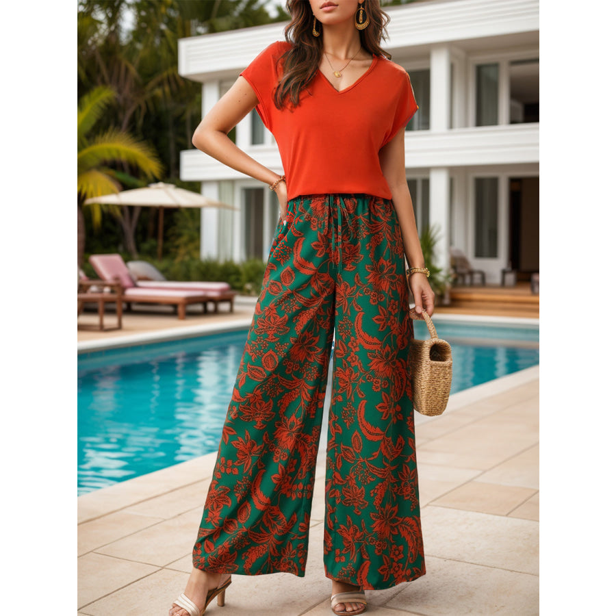 V-Neck Short Sleeve Top and Printed Pants Set Orange / S Apparel and Accessories